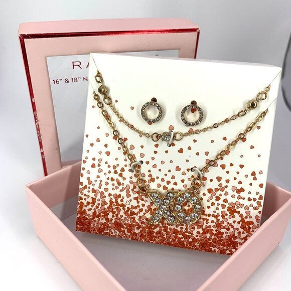 Rampage XO Double Strand Necklace & Earring Boxed Set Goldtone Rhinestone 16-18" - Picture 5 of 5
